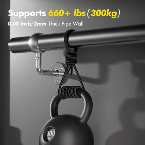 Top Shelf 6ft Wall Mounted Stair Handrail Kit Built Tough With Rust Proof 304 Stainless Steel To Hold Your Weight Securely On Decks Stairs Or Patios Indoors And Outdoors Silver showing a closeup of a kettlebell hanging from the handrail.