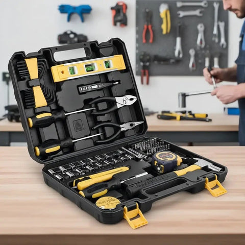 Comprehensive 78 Piece All In One Hand Tool Set for Home Auto and Office with Portable Storage Case shown open on a table