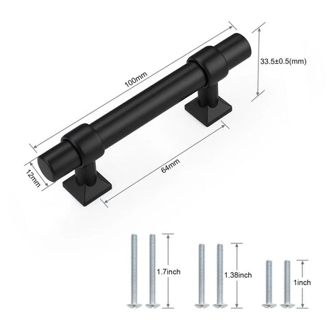 Matte Black Cabinet Pulls 5 Pack With 2.5 Inch Hole Centers T Bar Drawer Pulls, stainless steel with screws and dimensions shown