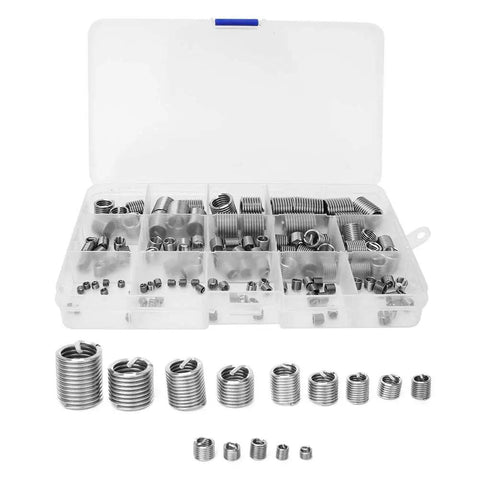 Stainless Steel Wire Thread Insert Kit M3 For Damaged Hole Repair, 120-Piece Tool Set With Storage Box, Durable, High-Performance Thread Formation For Auto, Home, Machinery And Metalworking Projects. Open case with M3 stainless steel wire thread inserts