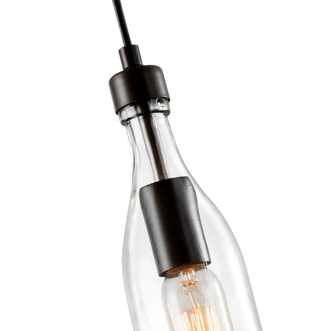 Glass Pendant Light For Kitchen Island With Modern Farmhouse Vibe Bottle Shaped Hanging Fixture close-up view with bulb detail