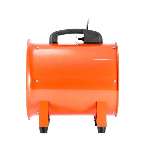 Side view of 12 Inch Utility Blower Fan With 5 Meter Duct Hose Beast High Velocity 3300 RPM Air Circulator, orange metal frame
