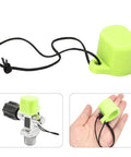 Universal Threaded Rubber Scuba Tank Valve Cap Protector For Diving Bottles And Cylinders Fluorescent Yellow shown with attached black string for easy handling.