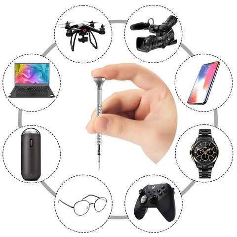 Hand holding screwdriver suitable for watches, glasses, electronics, with focus on 10 Pcs Precision Slotted And Phillips Watch Screwdriver Set.