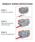 Quick Connect Mini Wire Splitter For Home Projects: Fast Push-In Terminals Splice Solid Stranded Copper Easily With Flame Retardant Housing And Tin Plated Contacts Perfect For Lights. Wiring steps on gray connector with red and blue wires