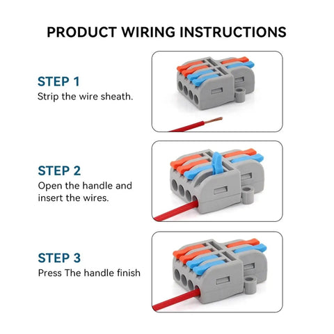 Quick Connect Mini Wire Splitter For Home Projects: Fast Push-In Terminals Splice Solid Stranded Copper Easily With Flame Retardant Housing And Tin Plated Contacts Perfect For Lights. Wiring steps on gray connector with red and blue wires