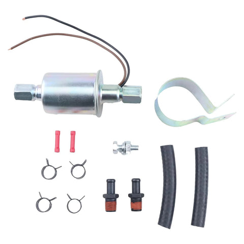 Universal 12V Electric Fuel Pump With Installation Kit SP1141 3/8 Inch Inlet And Outlet 5 To 9 PSI Compatible With Chevrolet Buick Plymouth Pontiac Carbureted Cars Replacement For Airtex E8090 shown with installation accessories