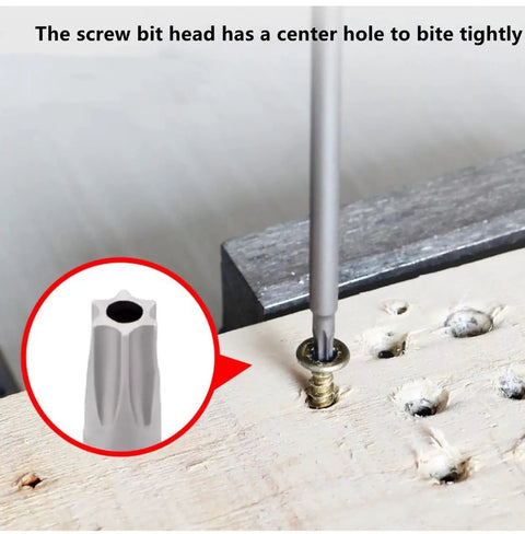 Solid T8 Torx Security Bits With One Quarter Inch Hex Shank Three Inch Long Magnetic Driver Set Featuring S2 Steel, close-up of bit in screw.