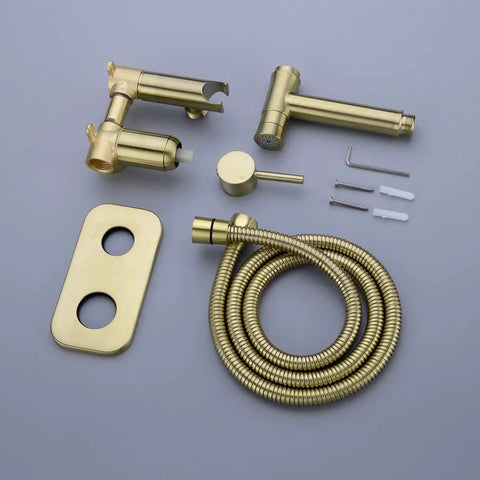 Brushed Gold Concealed Bidet Sprayer Set With Hot And Cold Water Handheld Shattaf 2 Function Nozzle with components shown