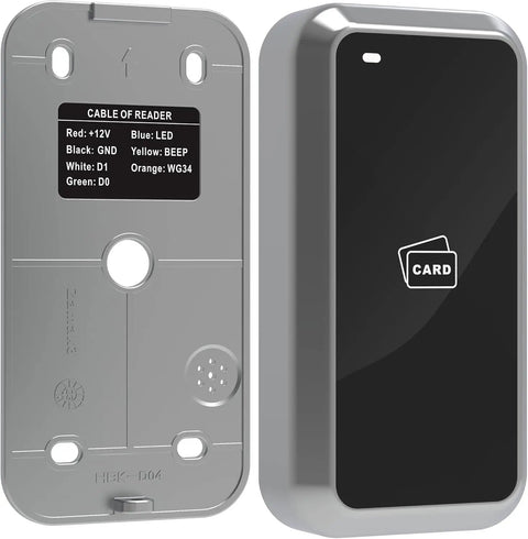 Wiegand Card Reader 125KHz RFID with 26 Bit or 34 Bit Output, durable metal enclosure, front and back view, for access control systems.