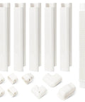 3 Inch Wide 10 Foot Mini Split Line Set Cover Kit With Decorative PVC Slim Line Covers for AC and Heat Pumps, parts on display.