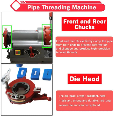 Heavy Duty Electric Pipe Threader Machine For 1/2 To 3 Inch Gas Water Pipes NPT Dies Automatic Retraction 110V showing front and rear chucks.