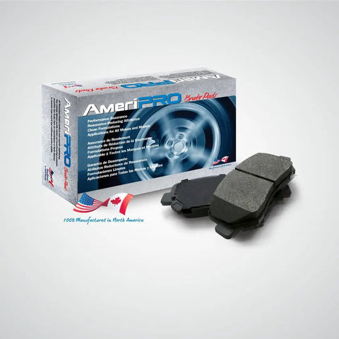 Image of AmeriPRO brake pads and packaging for Coated Disc Brake Rotors And Fleet Galvanized Pads Replacement Kit For Ram 2500 Pickup SRW 2019 To 2025 Heavy Duty Truck Grade Braking Built To Last ISO Certified Easy Install.