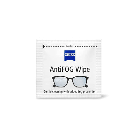 ZEISS AntiFOG Wipe sachet, front view - white packaging with blue ZEISS logo and glasses illustration.