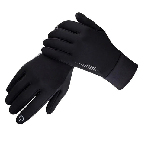 Winter Warm Touchscreen Gloves for Men and Women, fleece lined, windproof and splash proof, shown in black with reflective design.