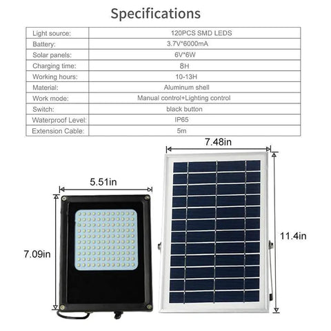 Spot Lighting Solar Floodlight Outdoor 120 Led Remote Control Solar Ga,，， specifications showing dimensions and components.