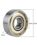 608 ZZ Skateboard Bearings Pack Of 20, Double Shielded Miniature Ball Bearings 8x22x7 For High RPM, Smooth Cruising, Carbon Steel Durability, Shields On Both Sides Keeps Lubricant In And Dirt Out. 608ZZ bearing 8x22x7mm side view