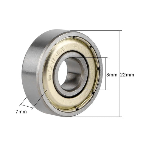 608 ZZ Skateboard Bearings Pack Of 20, Double Shielded Miniature Ball Bearings 8x22x7 For High RPM, Smooth Cruising, Carbon Steel Durability, Shields On Both Sides Keeps Lubricant In And Dirt Out. 608ZZ bearing 8x22x7mm side view