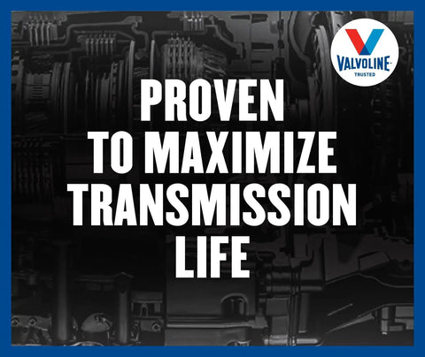 Image of Valvoline branded graphic with 'Proven to Maximize Transmission Life' text, featuring Dual Clutch Transmission Fluid For Smoother Shifts And Anti Shudder Protection, Tough As Nails Anti Wear Formula To Extend Transmission Life, 1 Quart For Extra Gear Protection And Quieter Operation Under Heavy Driving.