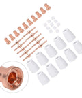 Sick 40 Piece Plasma Cutting Consumables Pack For CUT50 And CT520 With Premium Ceramics And Red Copper Nozzles Electrodes, including nozzles and tips.
