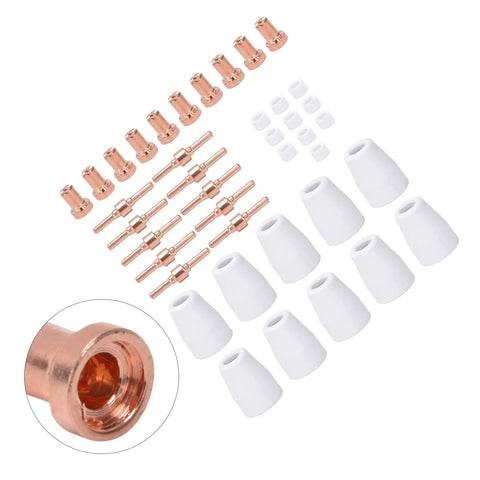 Sick 40 Piece Plasma Cutting Consumables Pack For CUT50 And CT520 With Premium Ceramics And Red Copper Nozzles Electrodes, including nozzles and tips.