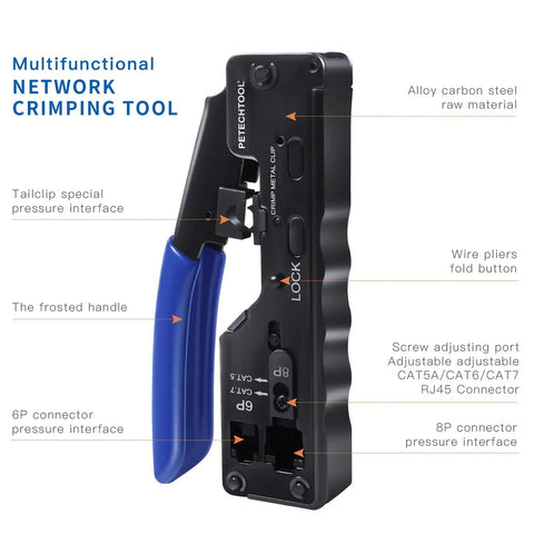 All In One RJ45 Ethernet Crimp Tool For Pass Through Connectors And RJ11 RJ45 Plugs with blue handle and labels on parts