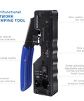 All In One EZ RJ45 Crimp Tool Kit For Cat6 Cat5e Cat5 Pass Through Connectors ergonomic design with labeled features.