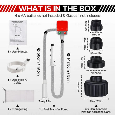 Auto Stop Fuel Transfer Pump Portable Gas Can Pump With USB Type C Or Battery Power, 3.2 GPM, shown with 51 inch hose and adapters