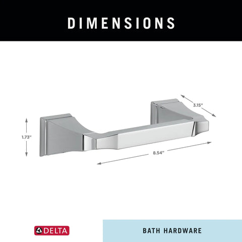 Dimensions of Pivoting Toilet Paper Holder With Polished Chrome Finish, 8.54 inches wide, 3.15 inches depth, space saving wall mounted accessory