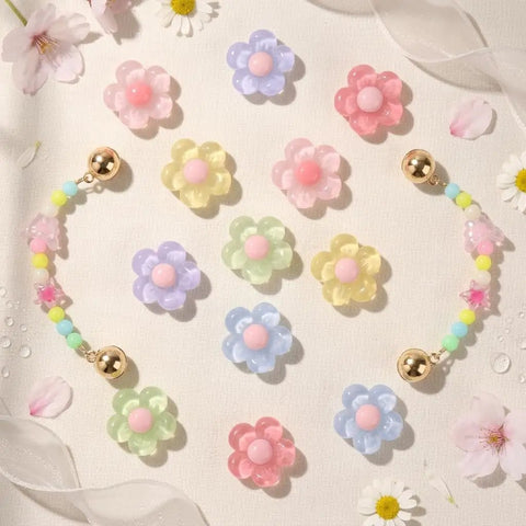 Pastel Jelly Daisy Flower Shoe Charms Set With Glossy Bling Floral Buckles, 12 colorful resin clips for sneakers, vibrant display.