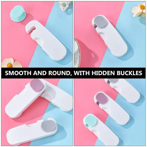 Three Pack Childproof Cabinet And Drawer Locks With Hidden Buckles on colored background, durable ABS, easy no drill install