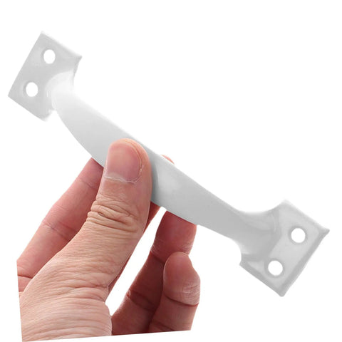Hand holding a white metal handle from Versatile Outdoor Metal Cabinet Pulls And Door Handles For Fence Gates Dressers Closets And Drawers