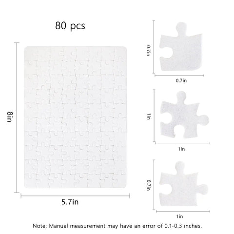 Dope Sublimation Puzzle Blanks 10 Sets 8x5.7 Inch A4 Size Jigsaw Sheets With 80 Pieces Per Sheet dimensions and puzzle piece sizes shown
