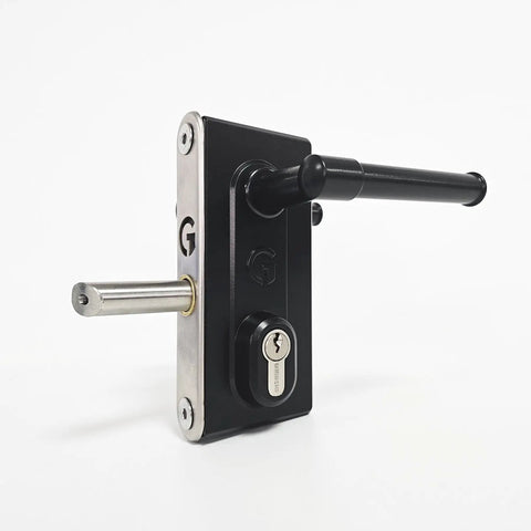 Badass Stainless Steel Gate Lock With Adjustable Deadbolt And Three Keys For Heavy Duty Fence Security Built Tough For Daily Outdoor Use On Wood Or Metal Gates, side view showcasing the locking mechanism.