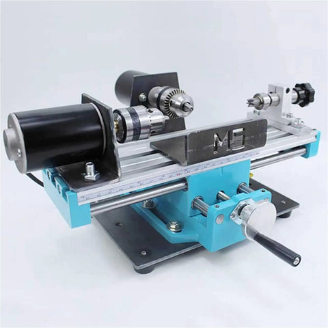 400W Mini Metal Lathe Machine With Adjustable Speed For Precision Milling Wood And Soft Metals High RPM Power Tool For Diy Projects And Detailed Craft Work Small Scale Fabrication, close-up view showing motor and aluminum framework.