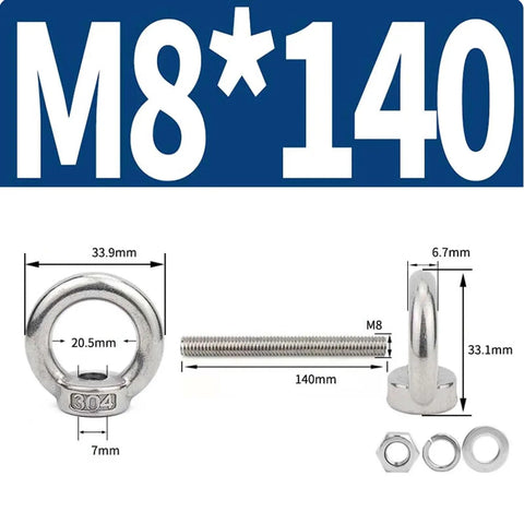 M8 Eyebolt And Nut Kit 4 Pack With Spring And Flat Washers Stainless 304 Construction Lifting Eye Bolt M8x140 Diagram