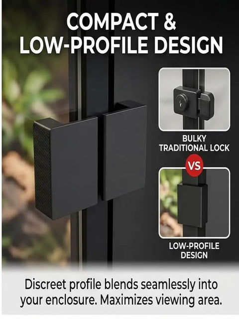 Rock Solid Sliding Door Lock For Reptile Enclosures With Foolproof Escape Latch, low-profile design shown on glass tank.