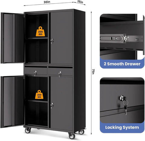 Beefy Heavy Duty Metal Storage Cabinet On Wheels With Locking Doors, Two Drawers, Adjustable Shelves, 73 Inch Tall Black