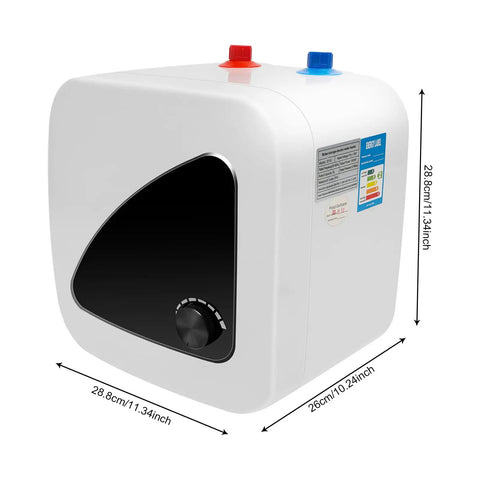 Straight Up Fast Heating Under Sink Water Heater Real Deal 1 Point 5 Gallon Electric Mini Tank Warmer with digital controls and display.