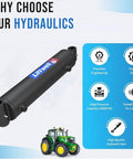 Heavy Duty Double Acting Cross Tube Hydraulic Cylinder With Two Inch Bore And Six Inch Stroke Welded Construction Three Thousand PSI SAE Six Ports Suitable For Tractor Loaders And Front End Loaders Replacement Part displayed.