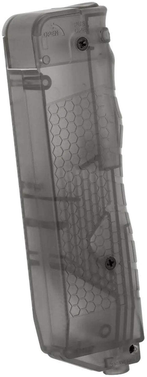 Black Compact Polymer Speedloader For 4.5mm.177 Airguns with injection molded body and hex pattern grip, lockable plunger visible