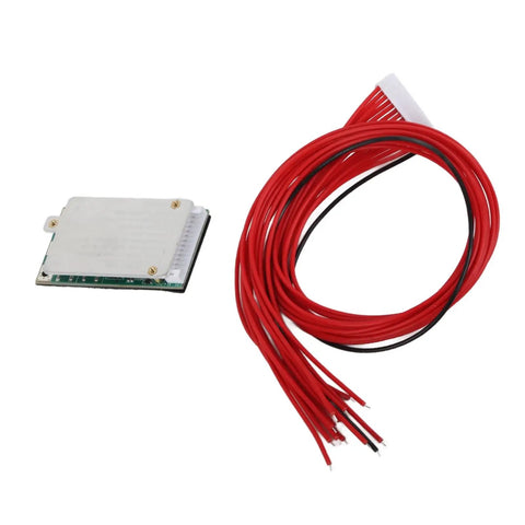 Built Tough 13S 48V 15A Lithium Battery Protection Board With Rock Solid Aluminum Enclosure And Rapid Heat Dissipation For Electric Scooter Inverter Overcharge And Short Circuit Protection Plus No Sweat Same Port Wiring Setup shown with red and black wires.