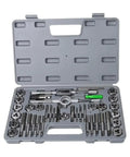 Premium 40-Piece Tap Die Set With Hardened HSS Taps And Round Dies, Complete Socket Hand Threading Kit Perfect For DIY Home Garage Repair Projects And Pro Auto Maintenance Work All Organized In Tough Case. Open case with M3 to M12 metric taps and dies.