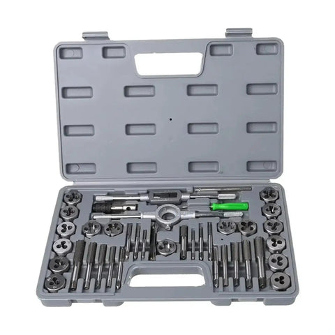 Premium 40-Piece Tap Die Set With Hardened HSS Taps And Round Dies, Complete Socket Hand Threading Kit Perfect For DIY Home Garage Repair Projects And Pro Auto Maintenance Work All Organized In Tough Case. Open case with M3 to M12 metric taps and dies.