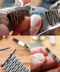 Must Have Spring Bar Tool Kit For Watch Bands With Link Remover And Pin Removal, Band Adjustment, Includes 10 Extra Tips, Small Spring Bar Tool, Cleaning Cloth, And User Manual For Easy Repairs shown in use and components.