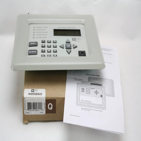 Heavy Duty Remote Annunciator Panel With An Eighty Character Backlit LCD Display And Four Line System Message Layout showing front view, control buttons, and manual.