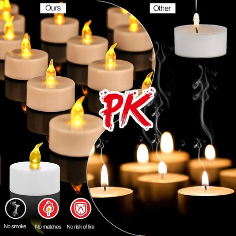 Comparison of 12 Pack Flameless Tea Lights LED Candles With Realistic Flicker And Cozy Warm Yellow Glow for Halloween decor.