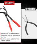 Front view of Weyleity exhaust hanger removal tool with red-handled pliers for muffler hanger and rubber brackets