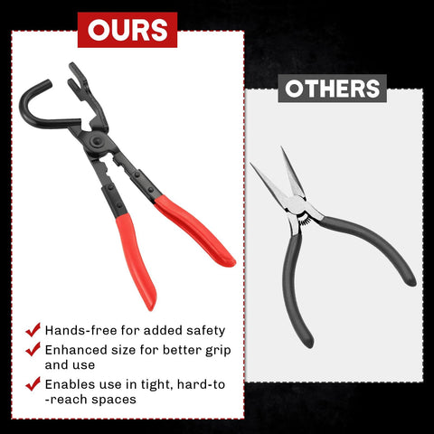 Front view of Weyleity exhaust hanger removal tool with red-handled pliers for muffler hanger and rubber brackets