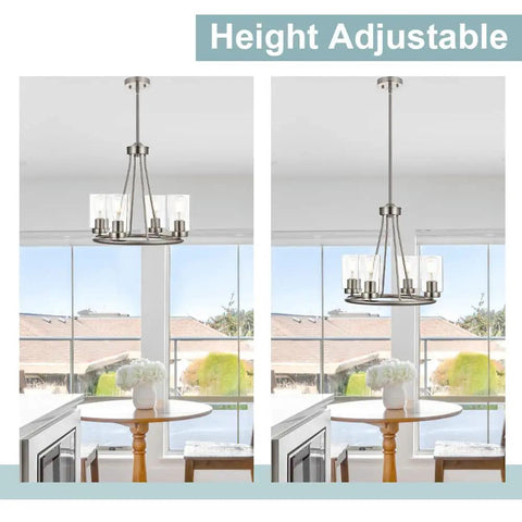 Wagon Wheel Chandelier With Clear Glass Shades For Four Light 19 Inch Wide Dope Modern Brushed Nickel Ceiling Light Fixture height adjustable